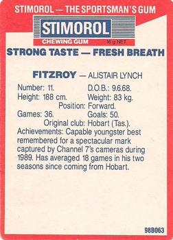 1990 AFL Scanlens Stimorol #70 Alastair Lynch Back